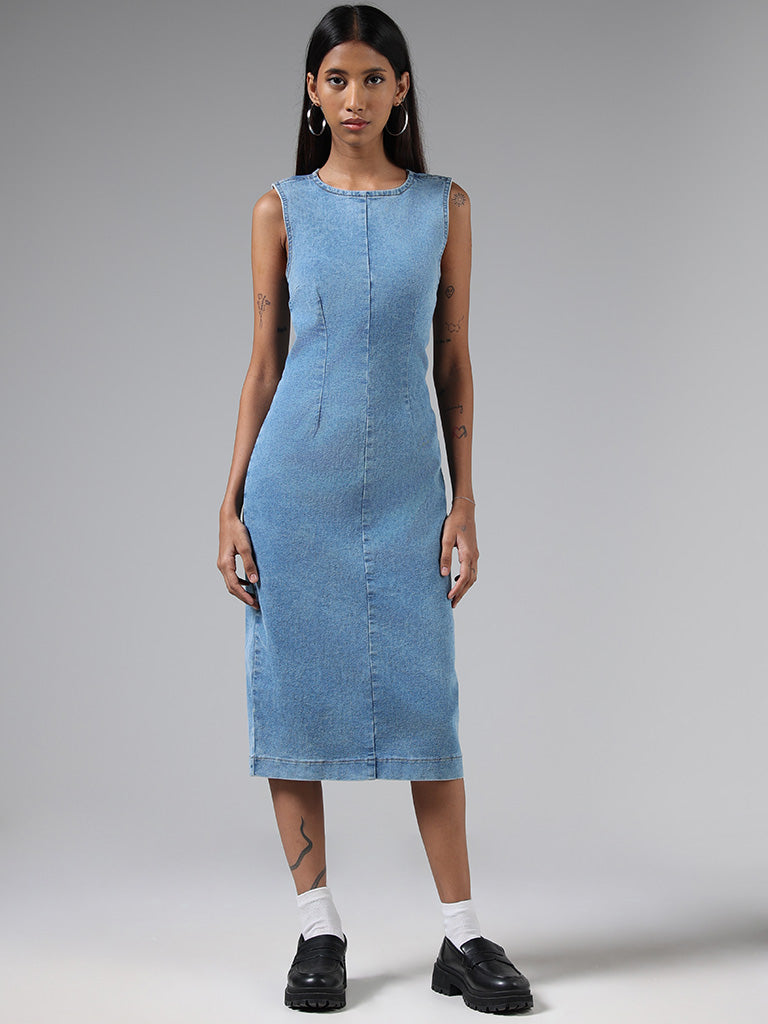 Women's Denim Midi Dress - Sleeveless / Belted / Zipper Front / Blue